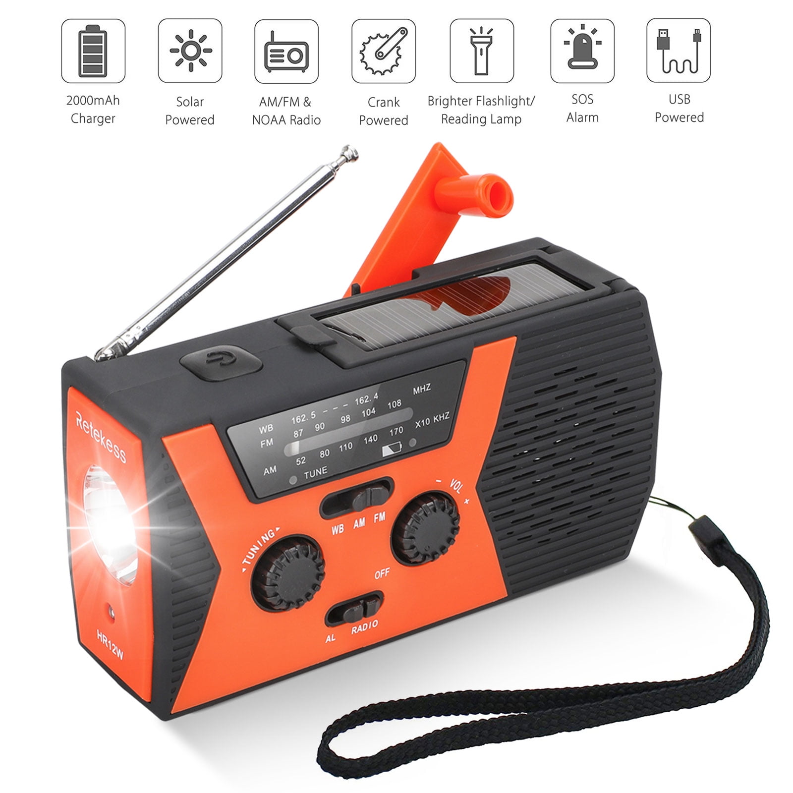 Emergency NOAA Weather Crank Solar Powered Portable Radio with 2000mAh Battery Power for Cell Phone Bright Flashlight and SOS Alarm for Household Emergency and Outdoor Survival