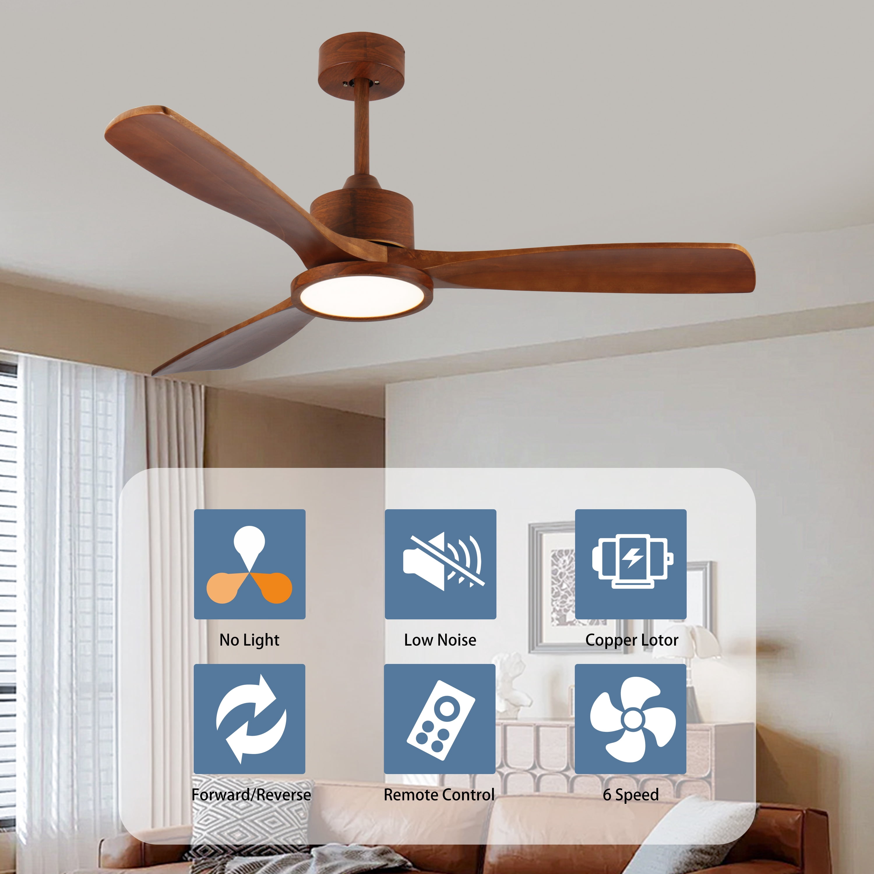 Noaman 52 Inch Wood Ceiling Fan with Light and Remote, Modern Low Profile DC Motor Fan, 6-Speed Reversible, Natural Wood for Bedroom/Outdoor/Patio