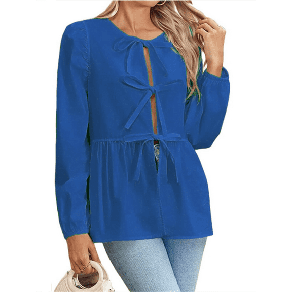 Womens Tie Front Tops Blouses Long Puff Sleeve Peplum Babydoll Bow Shirt Summer Coquette Tops
