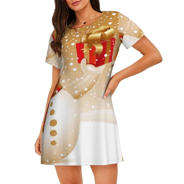 Disketp Christmas Snowman Gift para Camisón Corto de Manga Corta para Mujeres, Camisón Cómodo con Escote Redondo, Bonito y Confortable