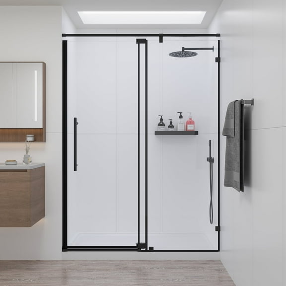 KPUY  50" - 54" x 74" Semi-Frameless Pivot Swing Shower Door with 1/4" Tempered Clear Glass, Explosion-Proof Film Nano Coating, Stainless Steel Hardware, Magnetic Door, Matte Black
