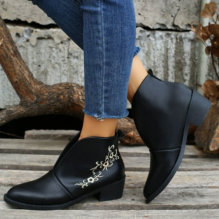 

Aueoeo Knee High Boots Women Booties for Women Chunky Heel Autumn Embroidered Ankle Boots With Thick Heels and Flat Rounded Heads for V-Shaped Embroidery and Nude Boots for L