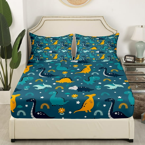 Cute Dinosaur Bed Set for Kids Toddlers Cartoon Animal Bed Sheets Set Girly Rainbow Flower Floral Sheet Set Twin Kawaii Dino Sheets Glitter Stars