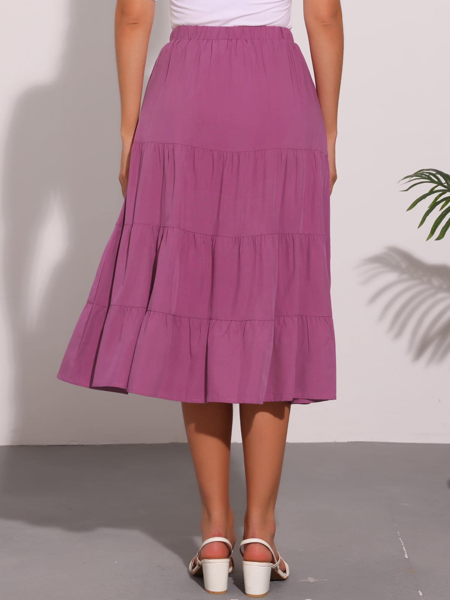 DARING DIVA Women's Flare Tiered Pleated Solid Elastic Waist A-Line Skirt XS Purple