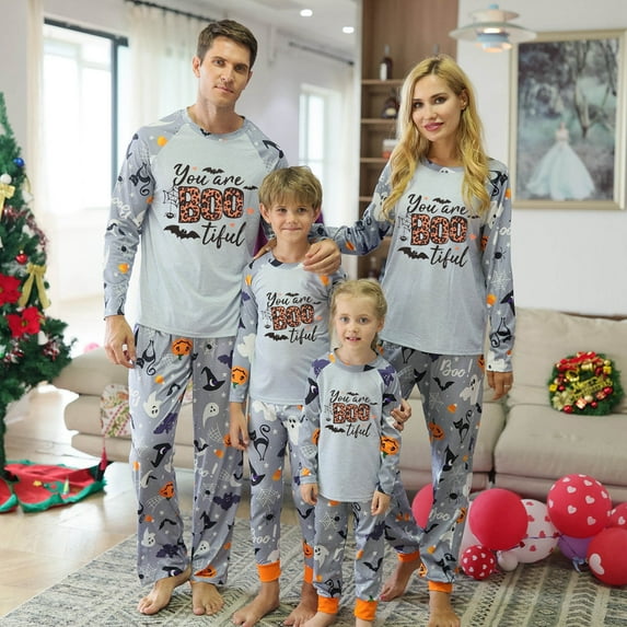 BULLPIANO Family Matching Halloween Pajamas Set Funny Print Tops Long Pants 2 Pieces Holiday PJS Set