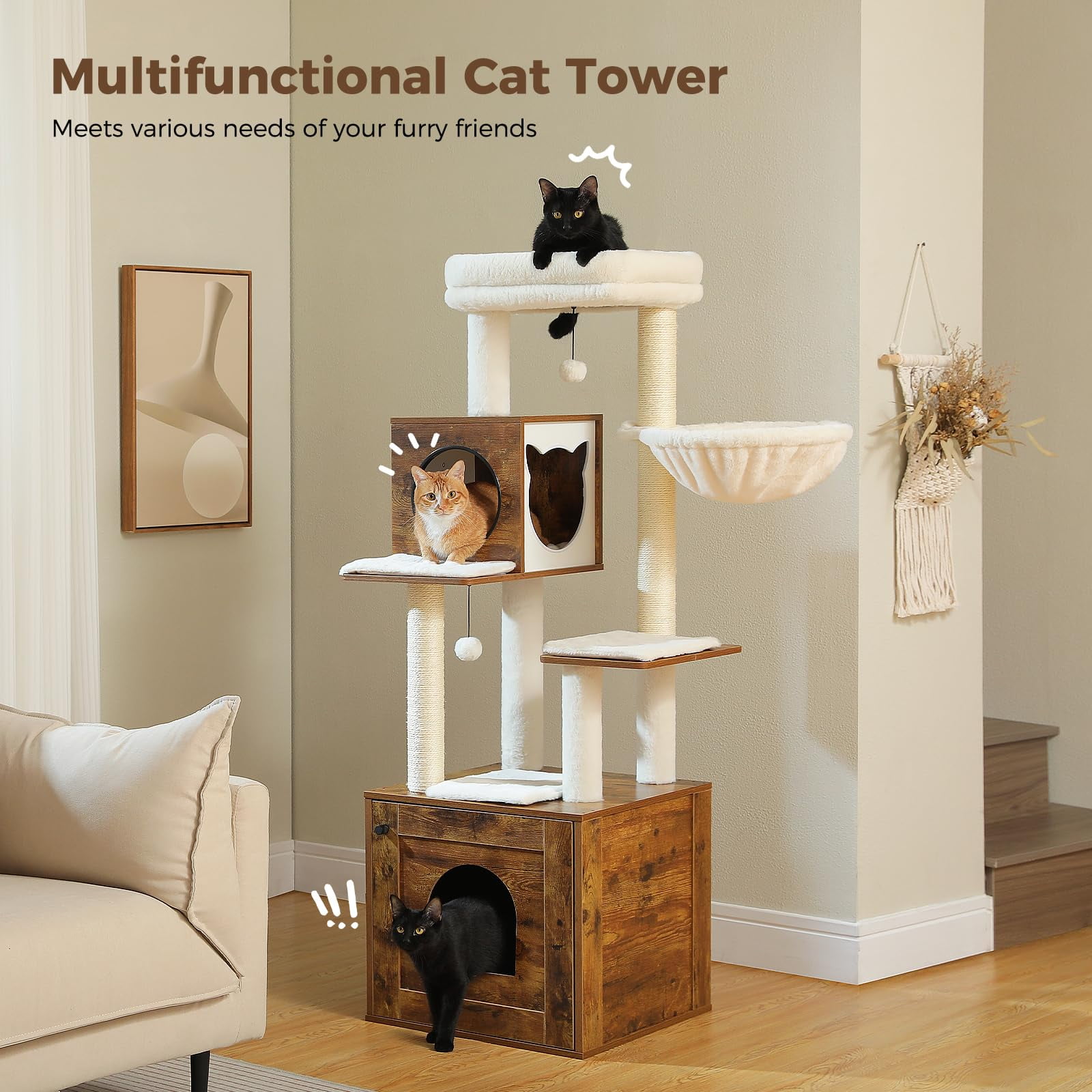 Tall Cat Tree with Litter Box Cabinet, 57.5 Inch Wooden Cat Tower for Large Cats, Multi-Level Scratching Posts, Hammock Bed, Perch & Enclosed Condo, Wood Walnut