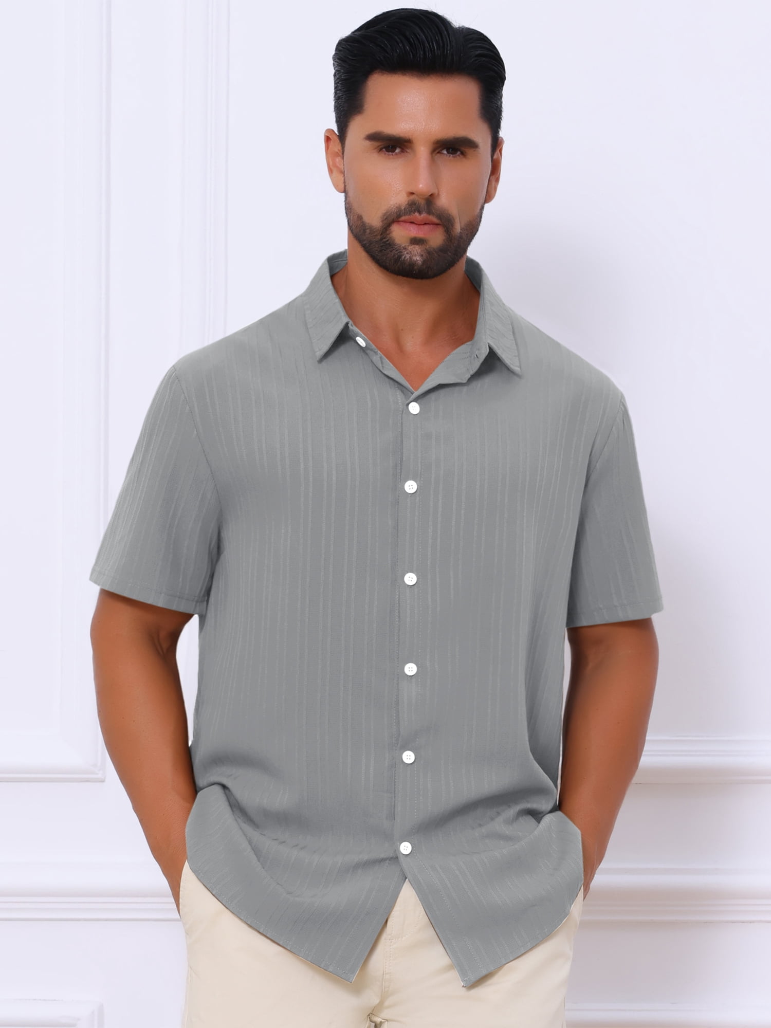 DARING DIVA Men's Short Sleeve Button Down Beach Summer Casual Shirt for Men M Gray