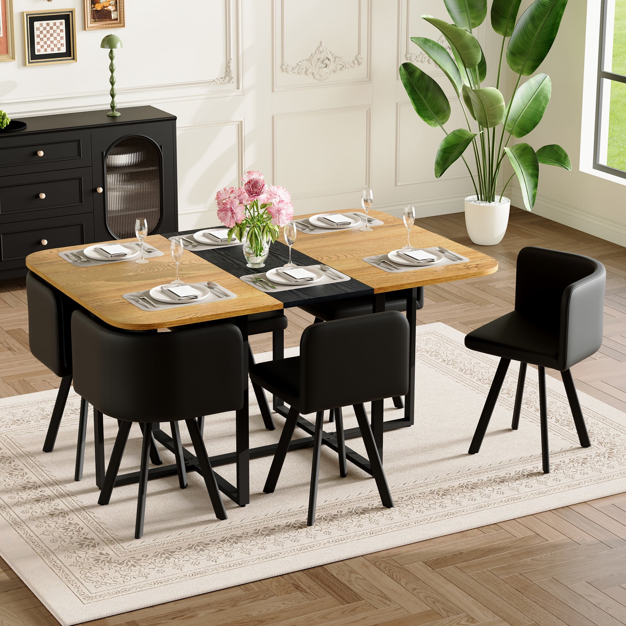 Aukfa 7 Piece Dining Set with 6 PU Leather Chairs,Rectangular 59" Two-Tone Wood Grain Kitchen Table,Metal Frame,Black