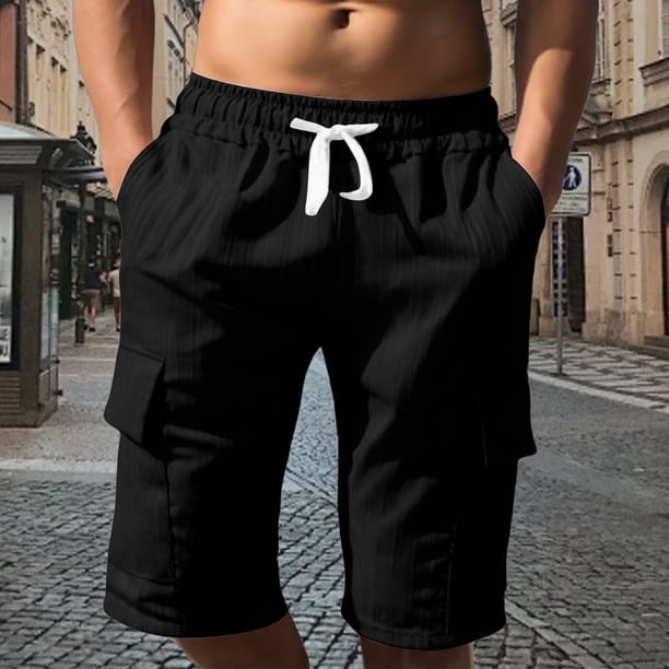 WILLBEST Pantalones Cortos de Lino de Verano para Hombre, con Bolsillos Grandes, para Playa, Deportivos, de Rayas Lisas, Ligeros y Elásticos, para Verano, Holgados y Casuales.