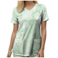 thumbnail image 4 of felwors Print Scrub Tops Women Floral Scrubs V Neck Short Sleeve Stretch Nurse Uniform with Pockets Functional Workwear (Green, M), 4 of 5