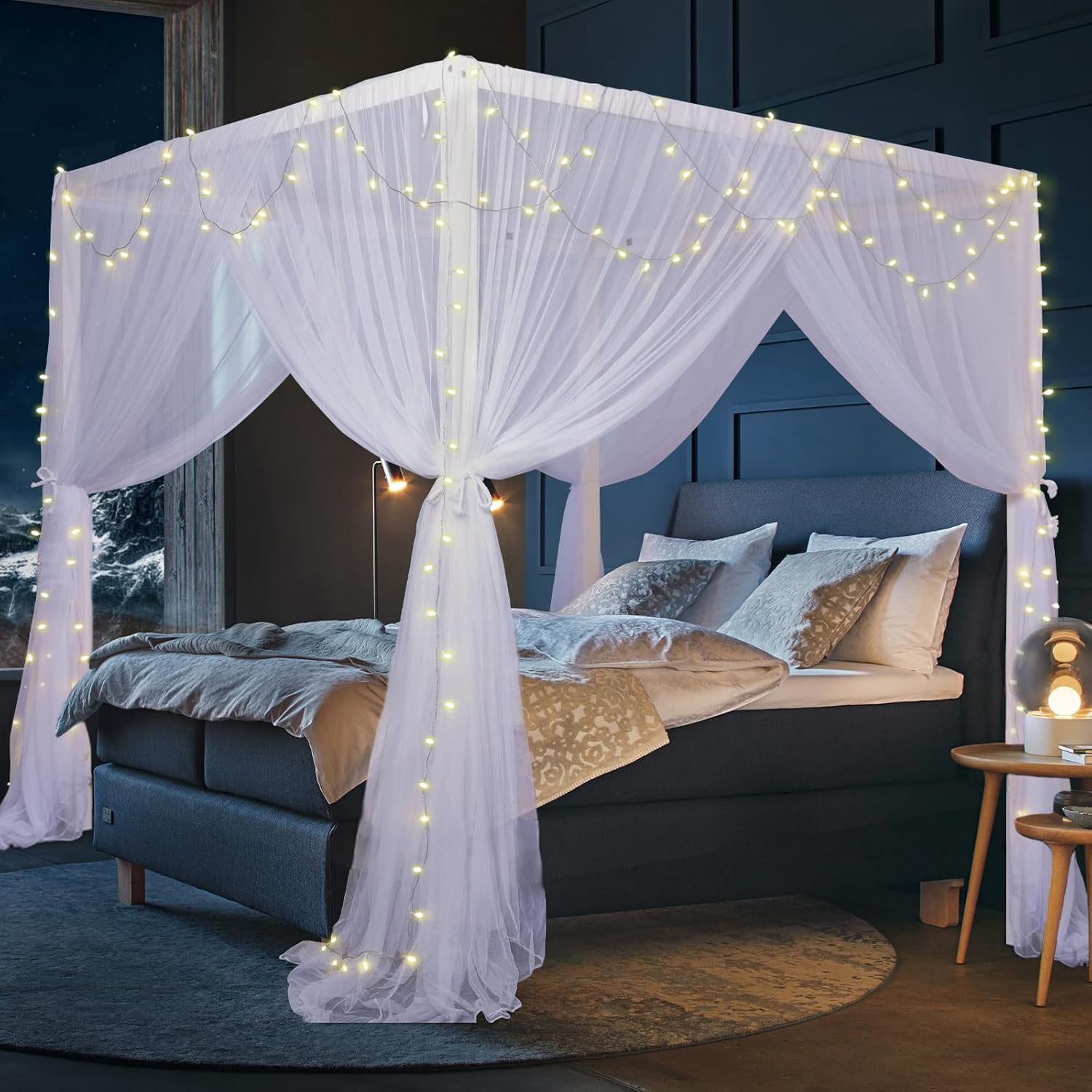 Black Canopy Bed Curtains, 4 Corner Post Bed Canopy for Girls & Adults, Top Luxurious Bed Drapes for Bedroom Decoration, 4 Openings, 100% Ripstop Polyester, Easy Install, King/Queen Size