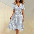 thumbnail image 2 of Women's Summer Dress Sexy V Neck Casual Wear To Work Dresses Short Sleeve Smocked Flared Flowy Beach Boho Midi Floral Dress,Light Gray S, 2 of 6