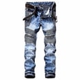 thumbnail image 1 of AITITIA Men's Biker Zipper Deco Washed Straight Fit Jeans (28W x 30L, Light Blue), 1 of 4