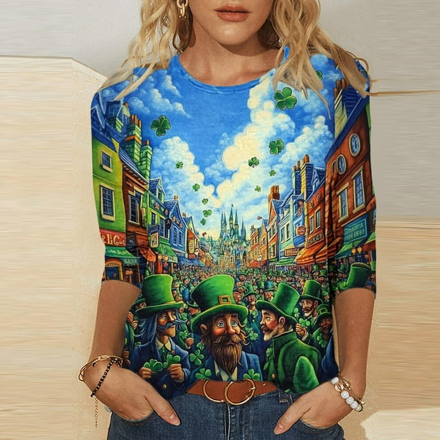 Mceream Chemise St Patricks Day Manches 3/4 Hauts pour Femmes Printemps Col Rond T-Shirts Décontractés Blouses Imprimé Floral T-Shirts Graphiques Tenues d'Été Hauts Boho Grande Taille Chemises Imprimé Trèfle TTG
