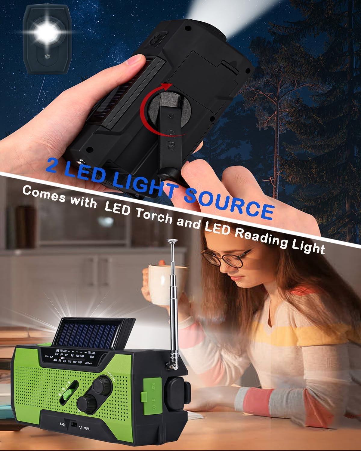 Emergency Weather Radio, 5000mAh Solar Hand Crank USB Charging Portable AM/FM/NOAA Radio, SOS Alarm & Flashlight for Indoor/Outdoor Emergencies