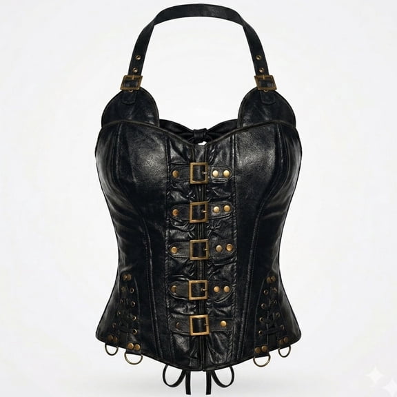 Underwraps Black Sexy Faux Leather Halter Corset Top For Women, Bustier Corset Tops Halloween Renaissance (Small 4-6)