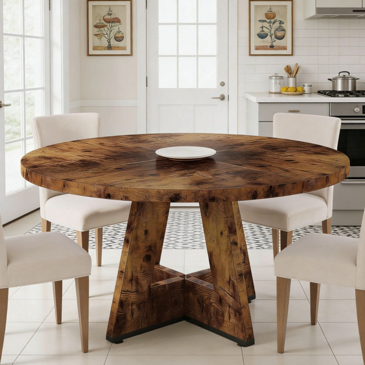Farmhouse Round Dining Table, 47 in Diameter, Rustic Finish, Seats 4