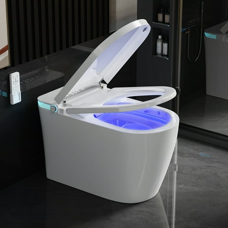 Smart Toilet with Bidet Built-In - Heated Seat, Auto-Lift Lid & Soft-Close, Bidet Dryer, App/ Control, Electric Tankless System, Plug (110V) - Elongated Modern Wall-Mounted Toilet for Luxury Bathroom