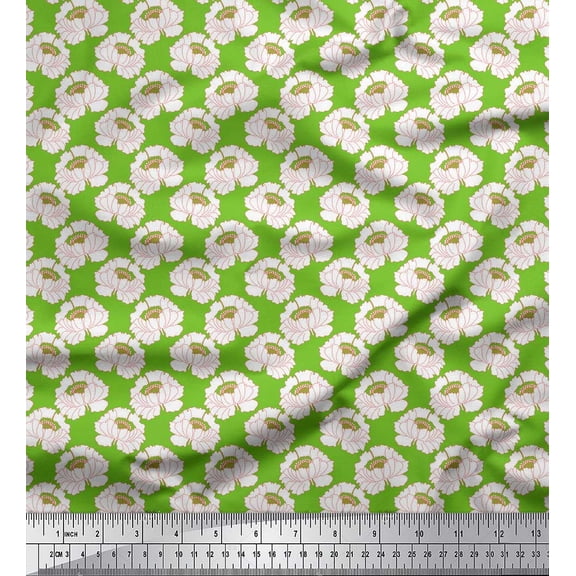 Soimoi Green Silk Fabric Peony Floral Print Sewing Fabric Yard 42 Inch Wide