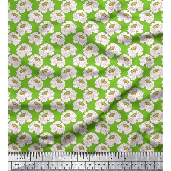 Soimoi Green Cotton Cambric Fabric Peony Floral Fabric Prints By Yard 42 Inch Wide