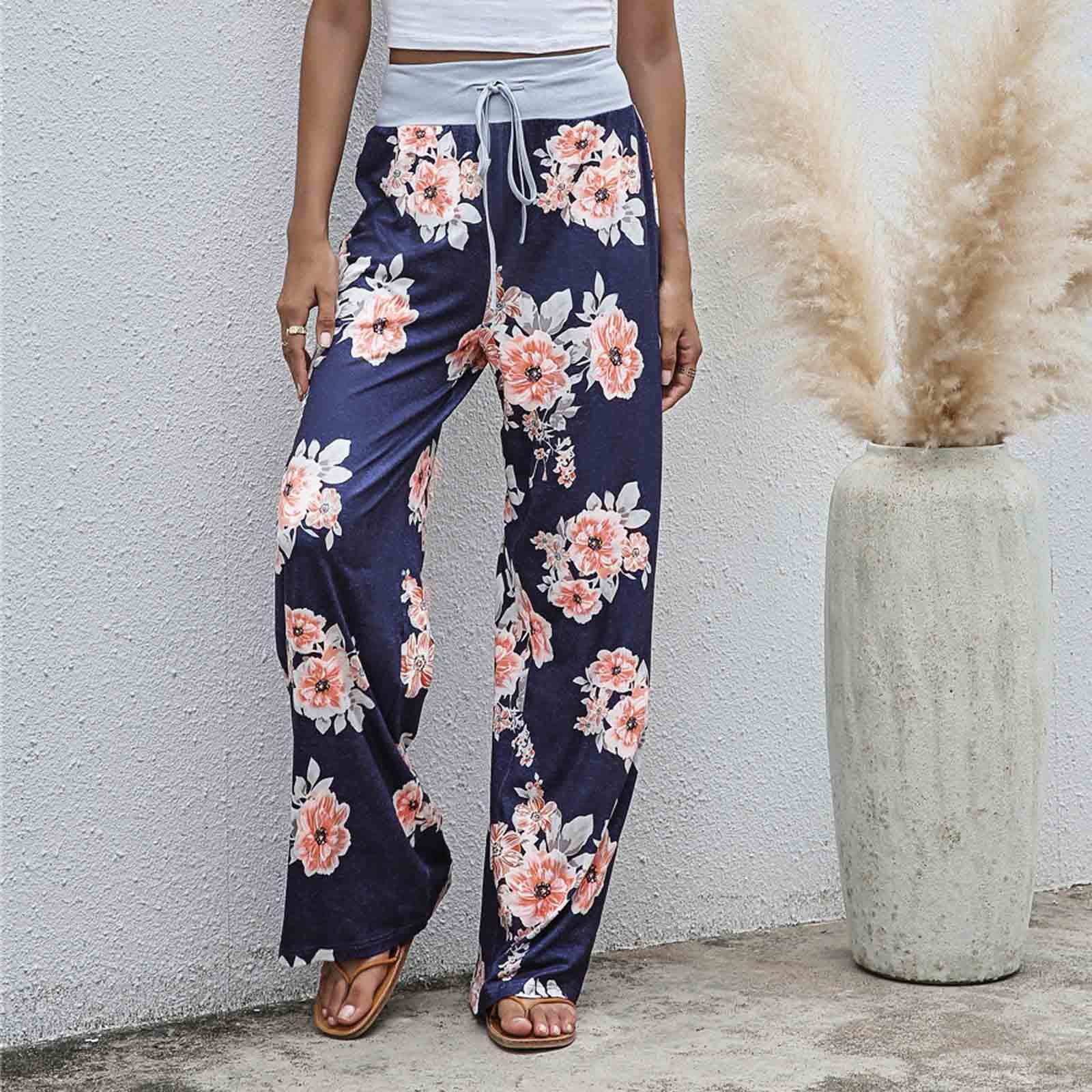 Womens Ladys Casual High Waist Loose Pants Comfy Stretch Printing Wide ...