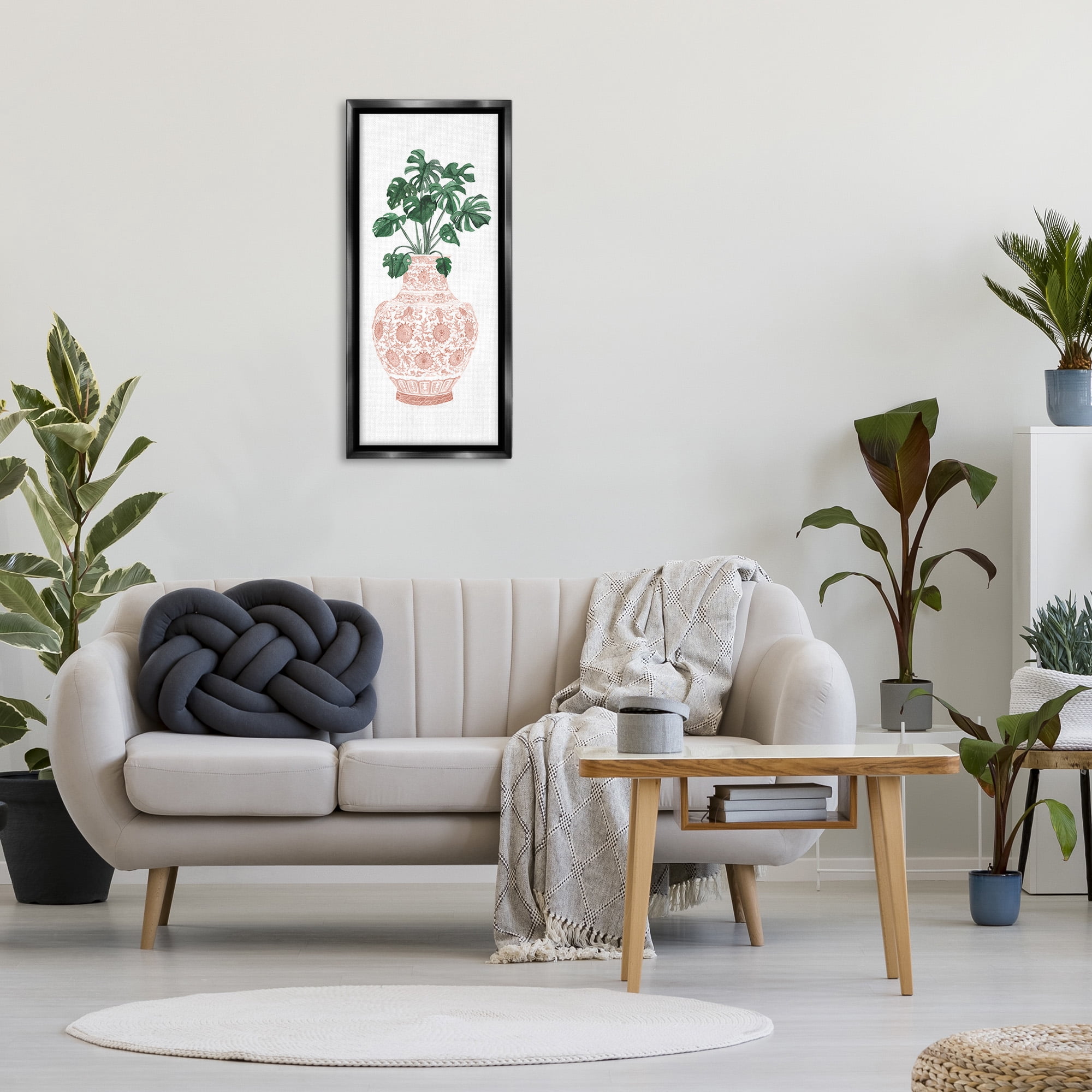 Stupell Industries Monstera with Ornate Vase Botanical & Floral Painting Black Floater Framed Canvas Art Print Wall Art, 14 x 31