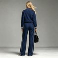 thumbnail image 5 of WULMLEO Women 2 Piece Tracksuit Set, Half Zip Polo Collar Long Sleeve Top Striped Trim Elastic Waist Wide Leg Pants With Pockets Casual Matching Outfits Dark Blue 2XL, 5 of 5