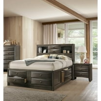 Contemporary Eastern King Size 3pc Bedroom Set Storage Bed 2x Nightstands Bookcase HB Gray Finish Solid Wood Furniture