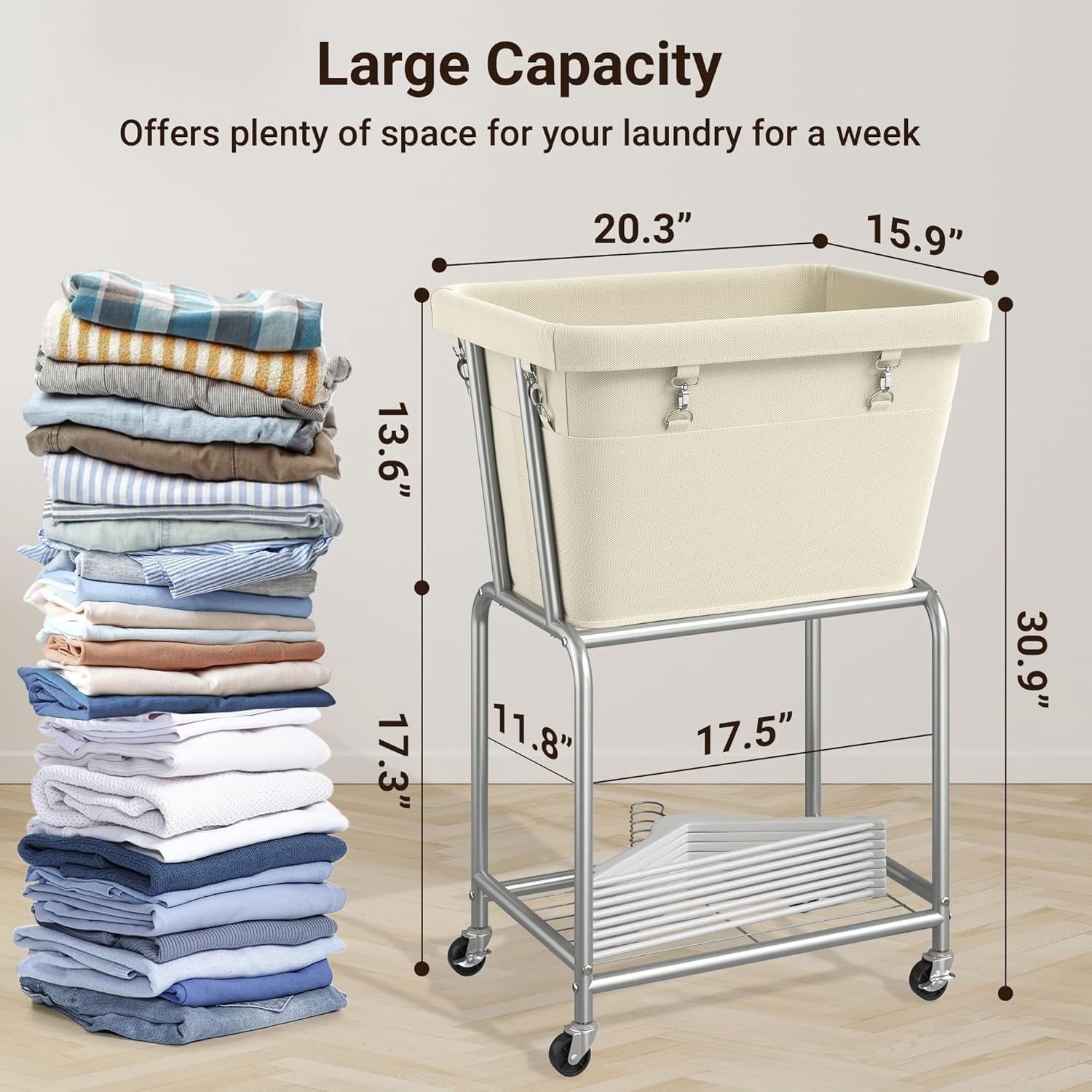 Rolling Laundry Hamper with Wheels, Laundry Cart with Removable Bag, Heavy Duty Metal Frame, 2-Tier Clothes Basket Hamper with Shelf for Closet, Bedroom, Bathroom, Laundry Room, Cream