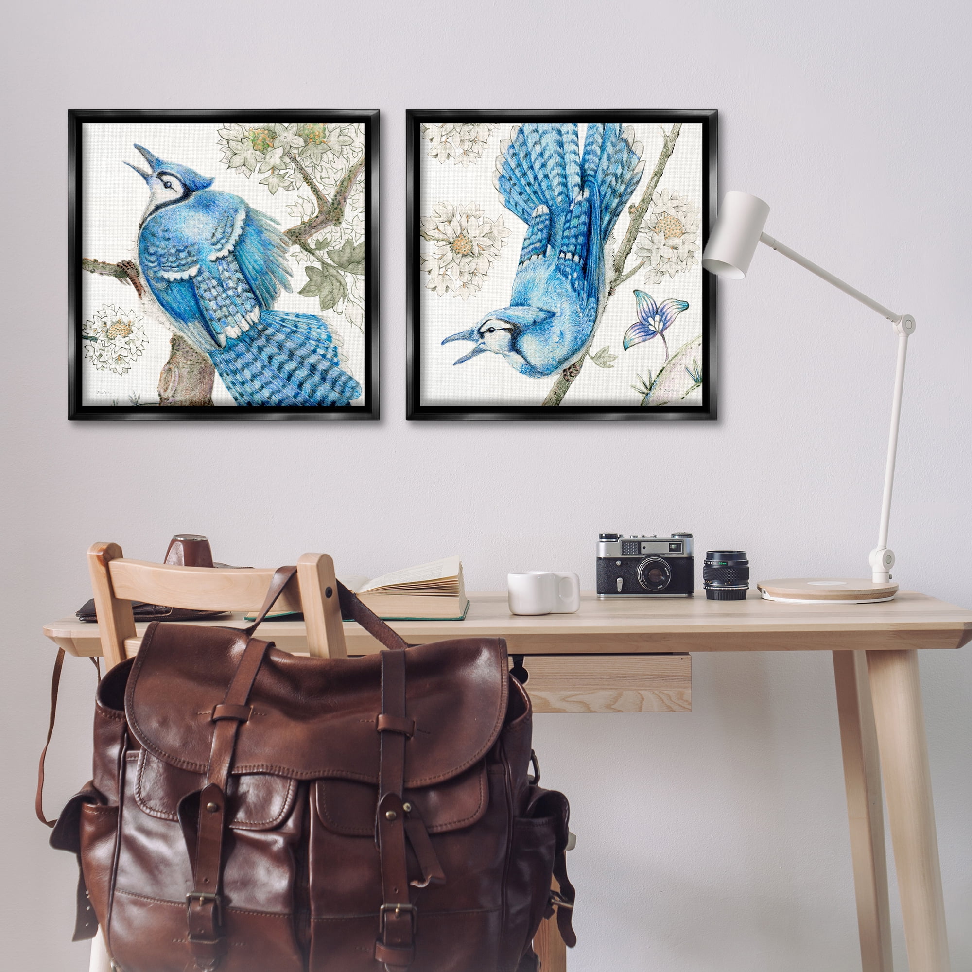 Stupell Industries Blue Jays with White Blossoms Animals Painting Black Floater Framed Canvas Art Print Wall Art, 25 x 25, Set of 2