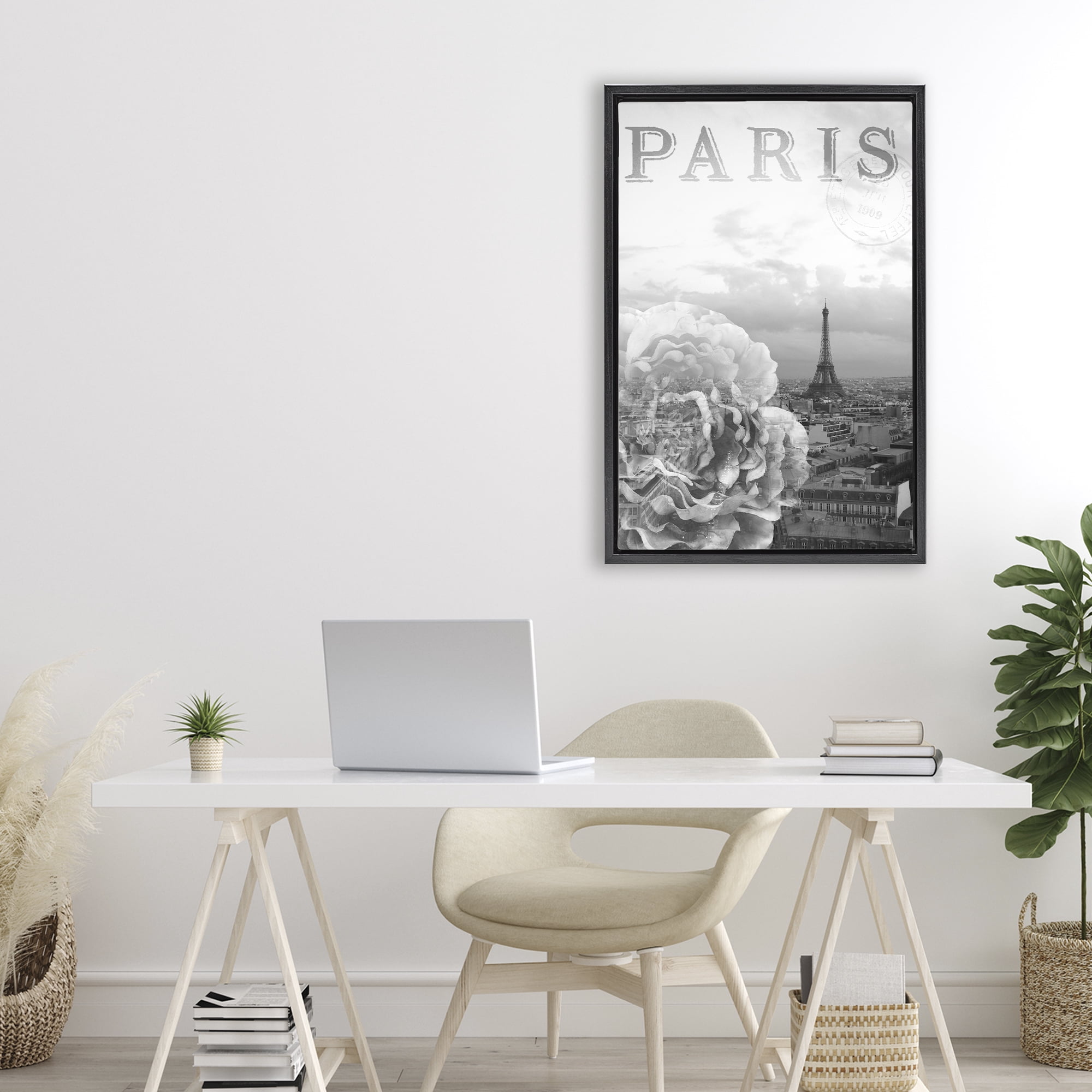 Stupell Industries Paris Postcard in Monochrome Black Framed Floater Canvas Wall Art, design by Emily Navas