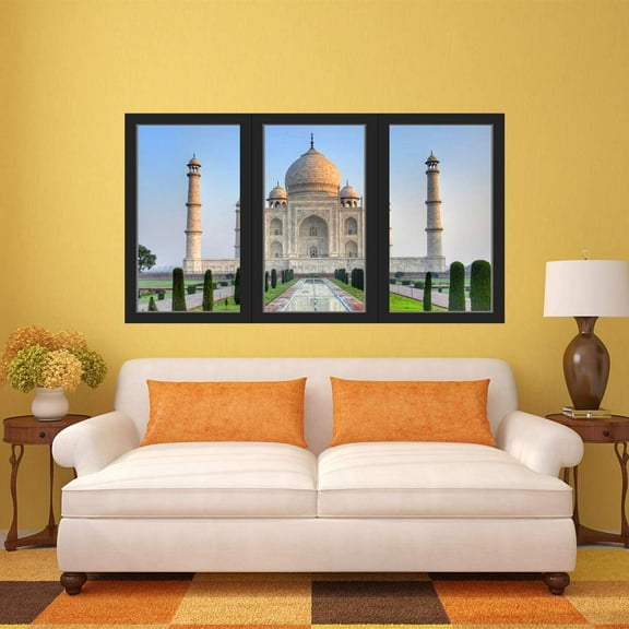 VWAQ - 3D Office Window Taj Mahal Wall Art Decal View Sticker Peel and Stick Scenic Mural - OW16