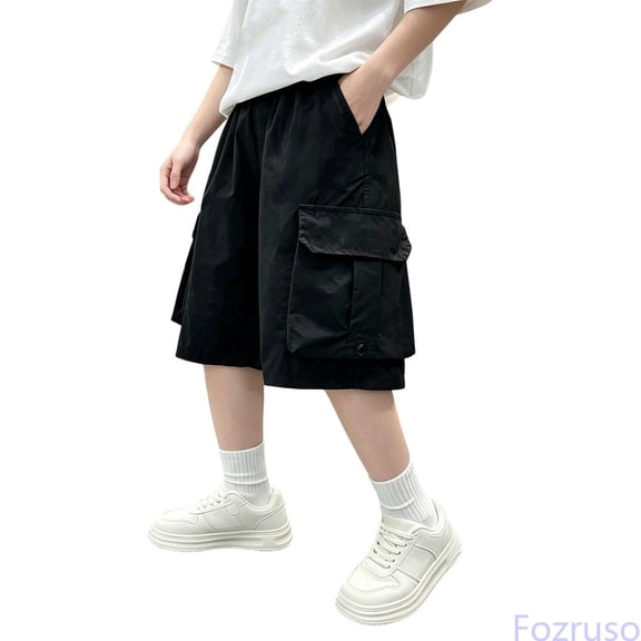 Fozruso Boys Cargo Shorts With Pockets Elastic Waist Summer Casual Bottoms For Kids Boys Cargo Shorts(Black)