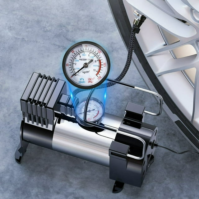 POINTERTECK Gonfleur de Pneus Portable 12V Compresseur d'Air 50L/Min Manomètre en Temps Réel Système de Puissance Cylindre Gonflage Rapide Inclut Buses Supplémentaires Idéal pour Voitures SUV Vélos