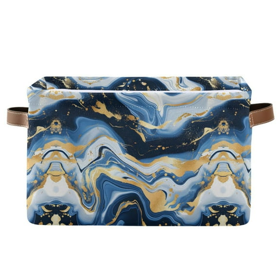 Abstract Blue Gold Marble Storage Bins with Handle Fabric Organizer Basket Foldable Box 1 Pack 14.2x10.2x8.3