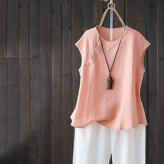 lmcalzta Women Linen Cotton Tank Tops Crewneck Sleeveless Tee Shirts Spring Summer Solid Vintage Casual Tank Tops