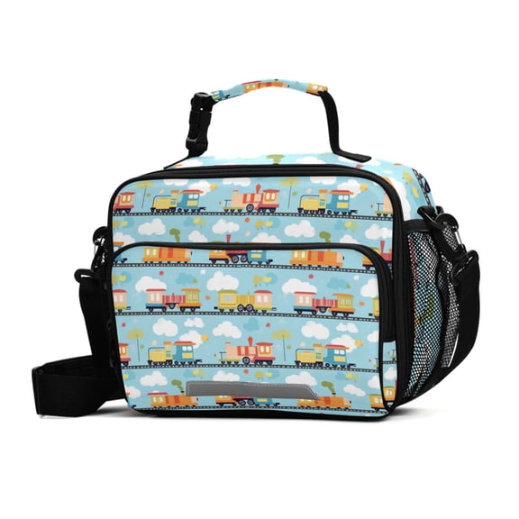 FORMRS Student Insulated Lunch Bag with Shoulder Strap Reusable Cooler Box for School, Cartoon Train Pattern