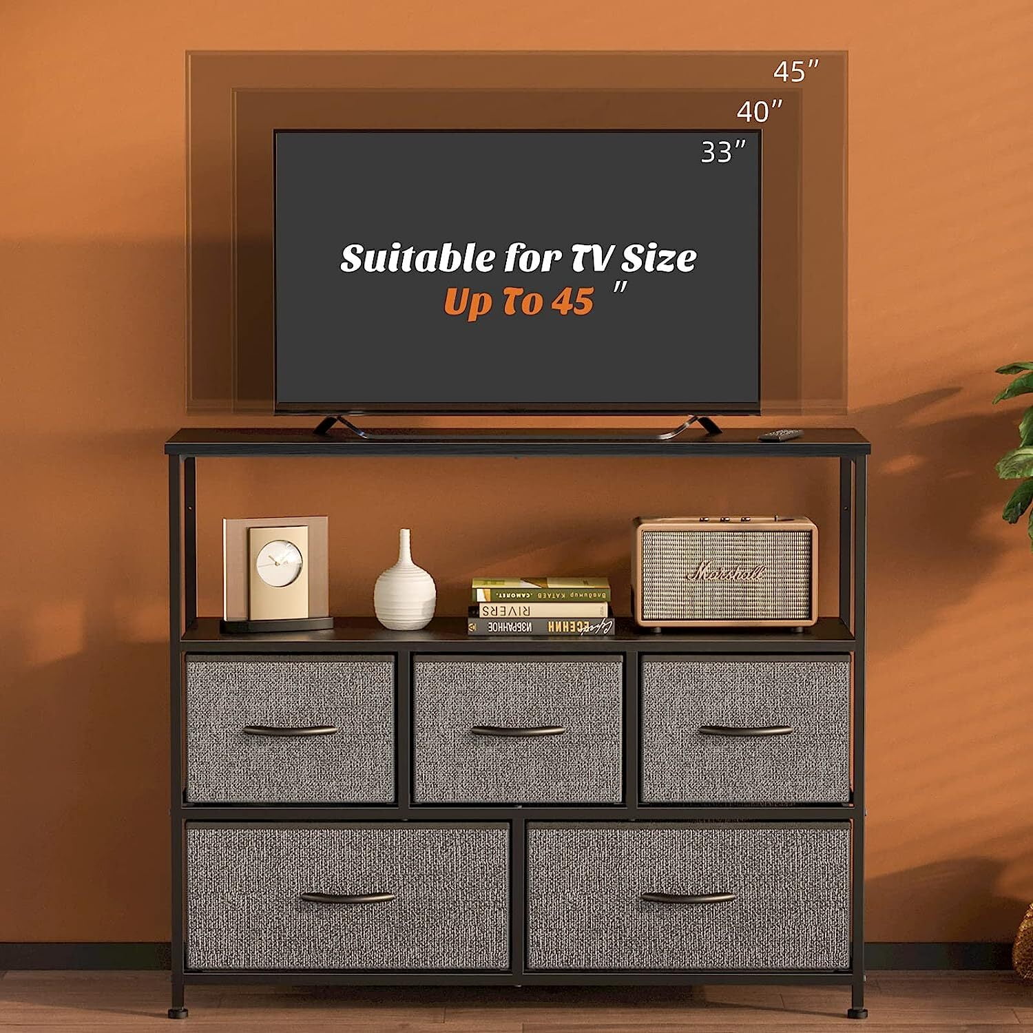 Nextay TV Stand Dresser with 5 Fabric Drawers, Small Media Console with Open Shelf for 45-Inch TV, Storage Organizer for Bedroom, Dorm, or Living Room