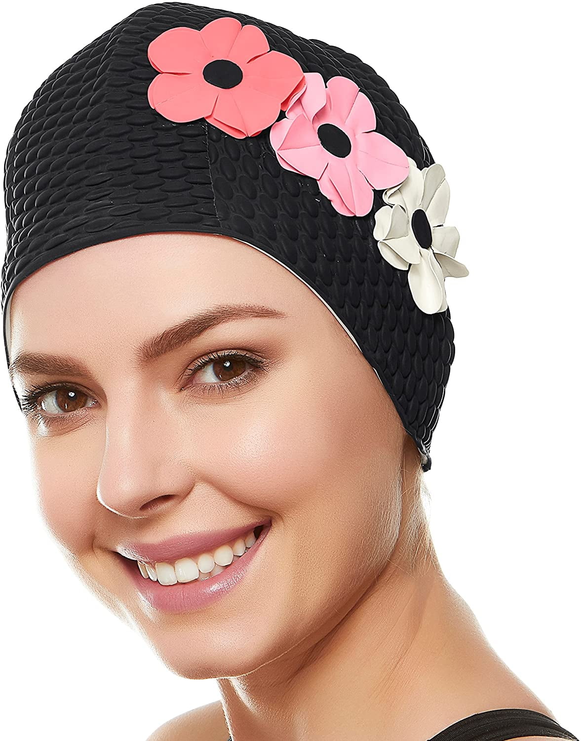 Beemo Swim Bathing Caps for Women Latex Swim Hat - Black / Pink and White Flowers