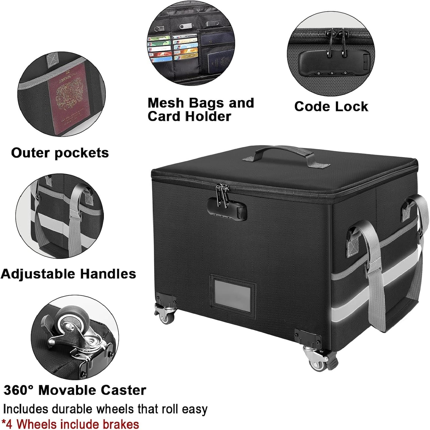 Fireproof Document Box with Wheels, Collapsible File Box with Lock, Rolling File Storage Organizer Filing Cabinet with Pockets, Portable Home Office Safe for Hanging Letter/Legal Folder