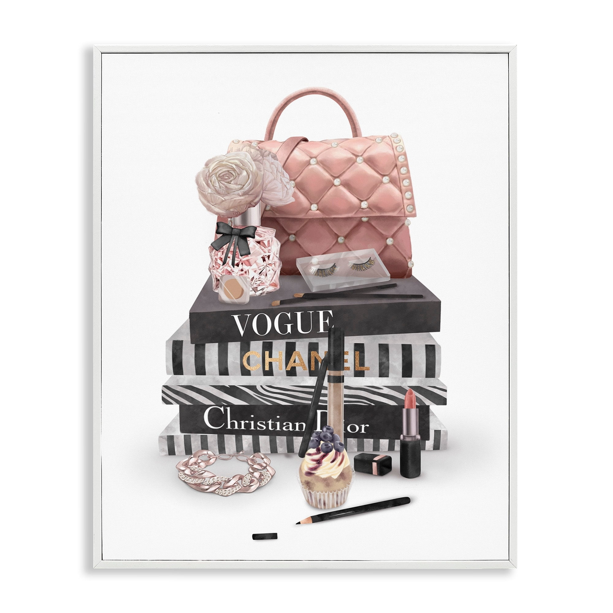 Stupell Industries Fashion Bookstack Purse Perfume Pink Glam Design Graphic Art White Framed Art Print Wall Art, 16x20, by Ziwei Li