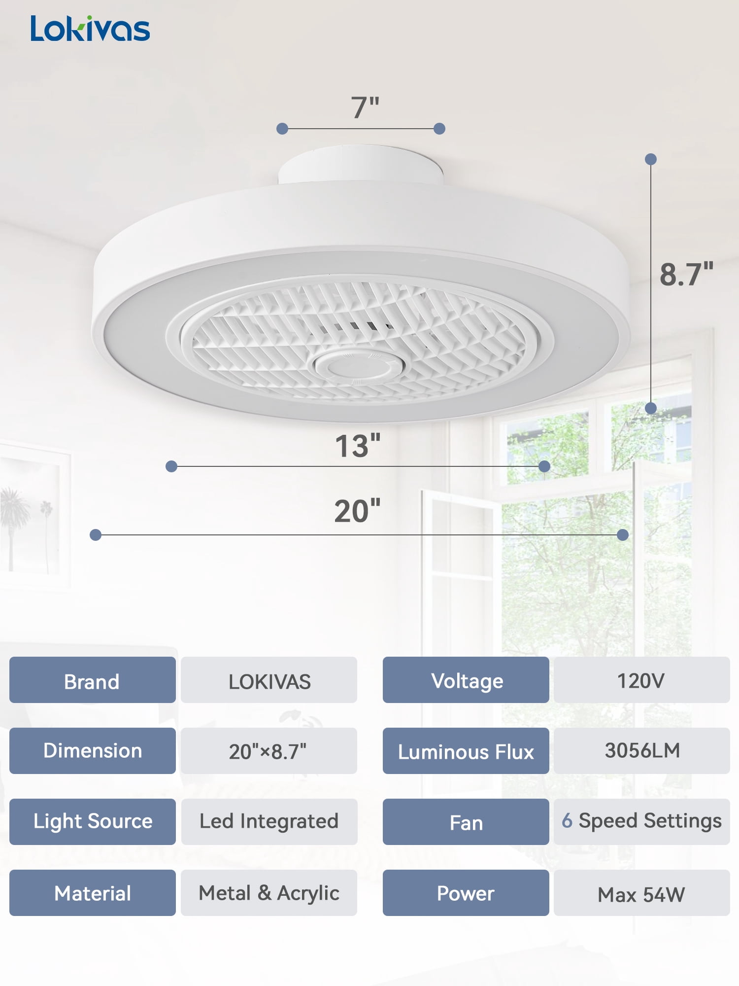 Lokivas 20in Modern Ceiling Fan with Light and Remote, Smart App Control, 6 Speeds, Low Profile with Quiet DC Motor for Living Room, Bedroom, White