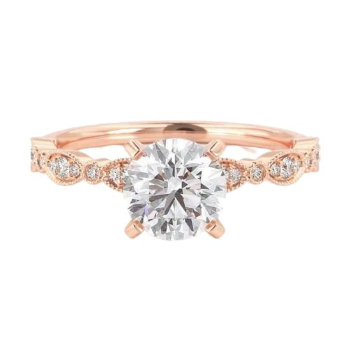 HeartsAndYou 1.5ct Round Cut Moissanite Engagement Ring for Women Milgrain Solitaire 18k Rose Gold Over Silver