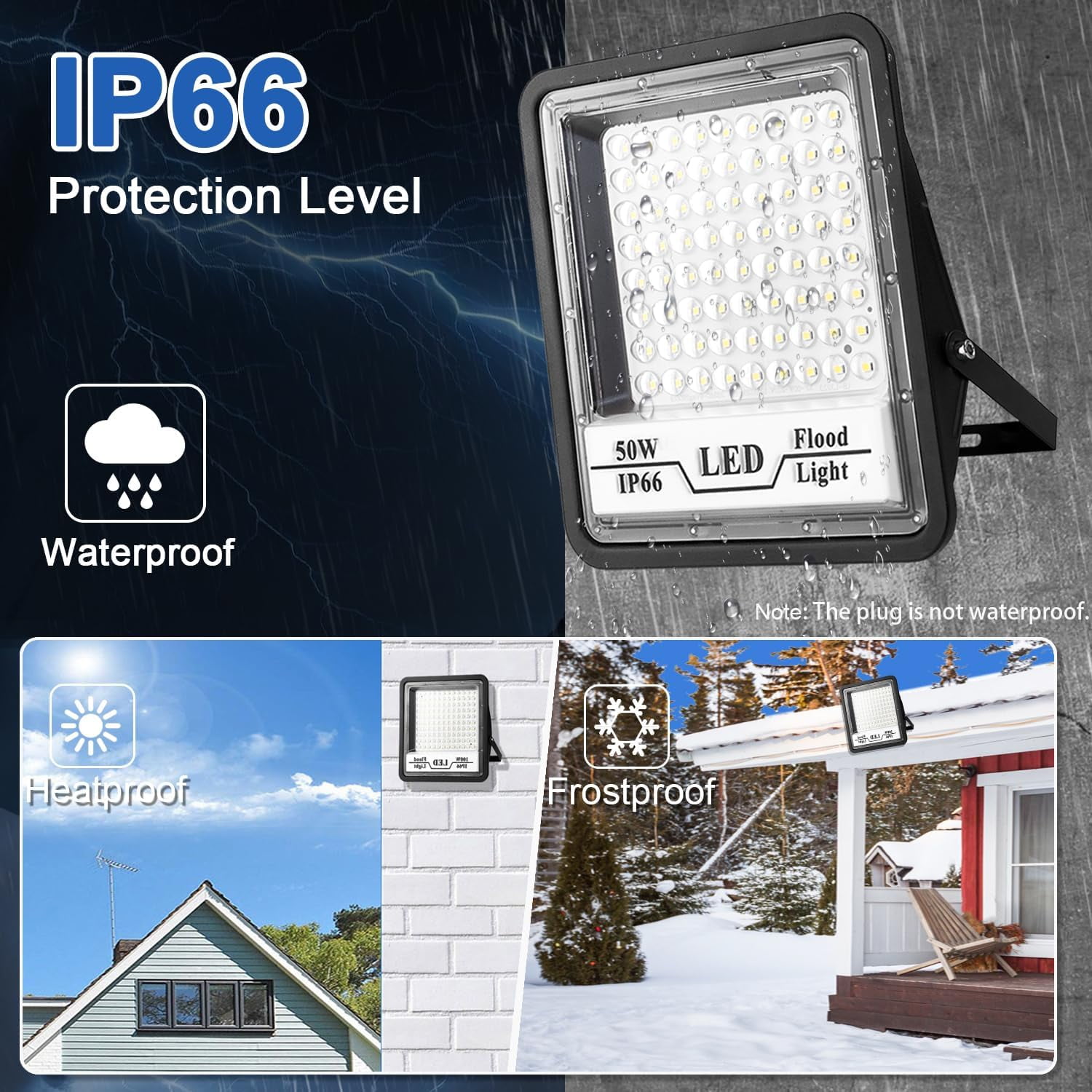 2 Pack LED Flood Lights Outdoor, 50W 6000LM Bright Floodlight LED Work Light with 4.93FT Plug, IP66 Waterproof 6500K Outdoor LED Flood Light for Garage, Yard, Patio, Garden