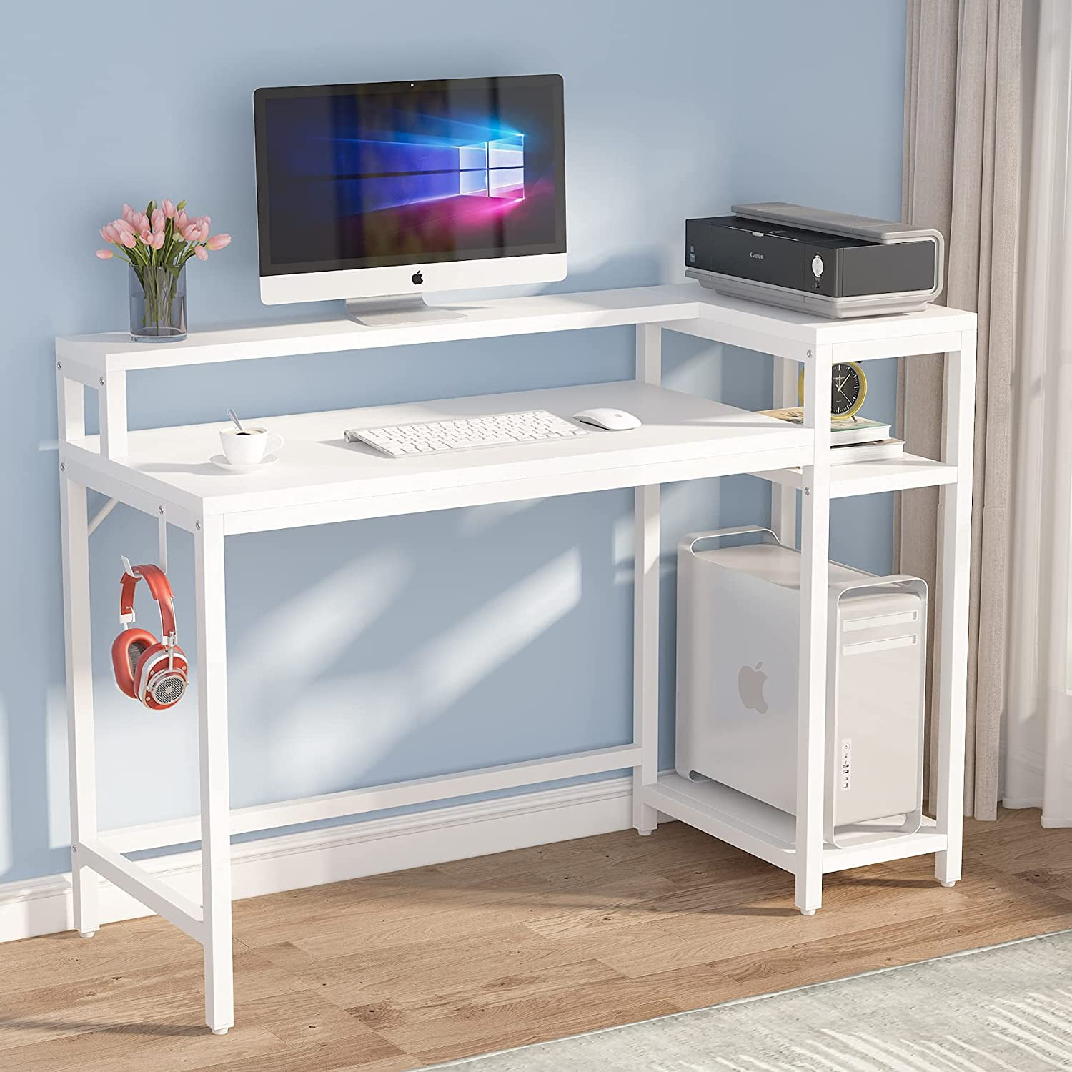 white computer desk with printer shelf