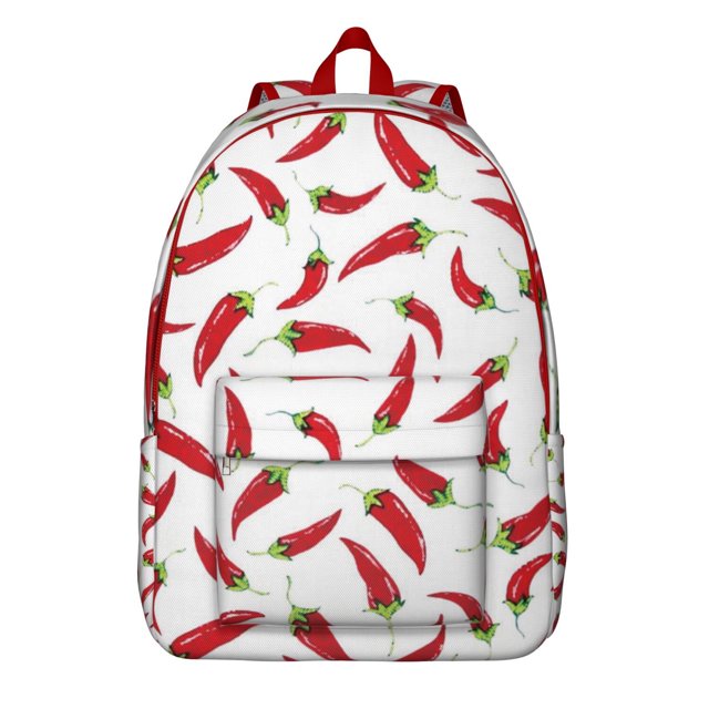 Sac à Dos Scolaire à Imprimé Piment, Sac de Jour Décontracté à Motif de Légumes Rouges Épicés avec Mignonne Illustration de Dessin Animé de Piment Fort pour les Amateurs de Cuisine et les Étudiants