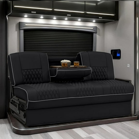Qualitex Gravitas Console RV Sofa Bed - 72" Wide - Black & Charcoal Ultimate Leather