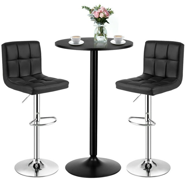 Gymax Ensemble de 3 Tables de Pub Table de Bar Ronde 24 Pieds' et 2 Tabourets de Bar Réglables Noir