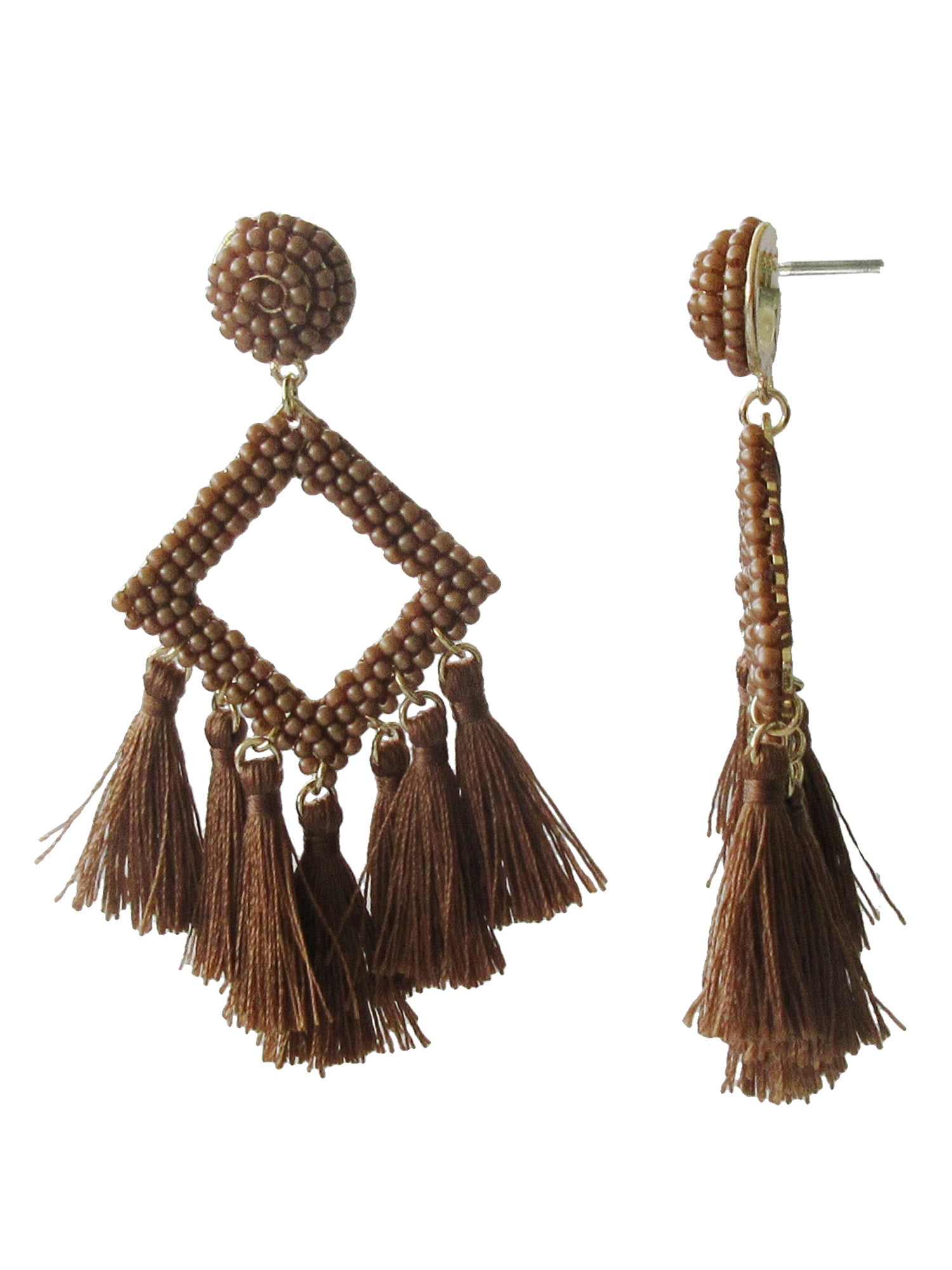 Time and Tru Women's Boho Chic Tassel Earrings Set - Brown & Winter White Hoops with Diamond & U-Shaped Metal Designs
