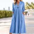thumbnail image 2 of CFLVAEK Cotton Linen Dresses Women with Pocket Summer Casual 3/4 Length Sleeve Dress Loose Fit V Neck Vacation Beach Maxi Sundress with Pockets Light Blue S, 2 of 5